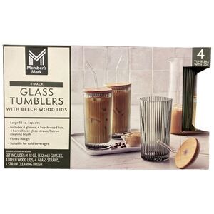 Member's Mark Glass Tumblers with Beech Wood Lids & Glass Straws, 4pk - Smoke